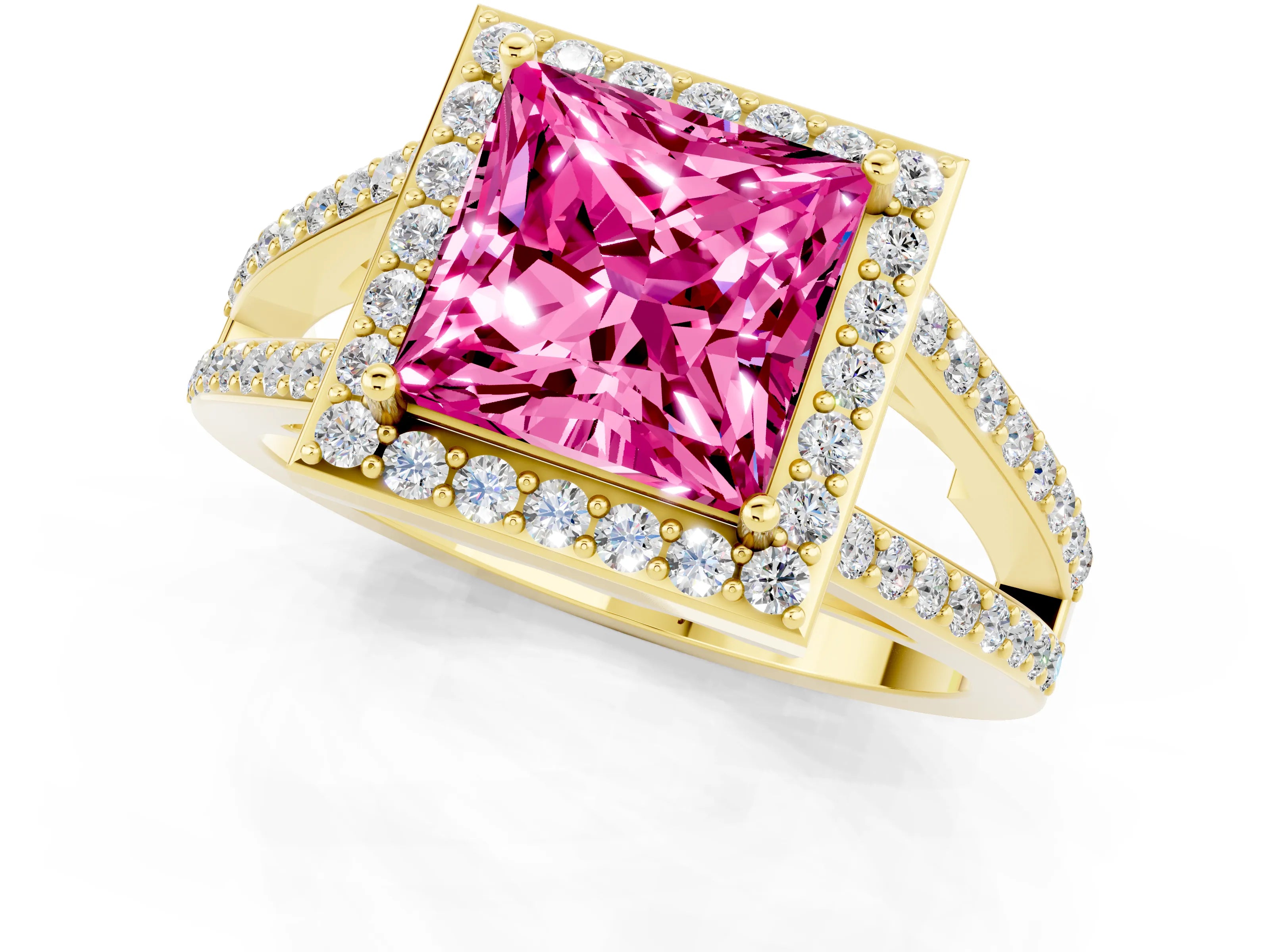 Yellow gold Princess Cut Pink Sapphire Halo Ring with Split Shank U-Prong Band and Four-Prong Setting_1