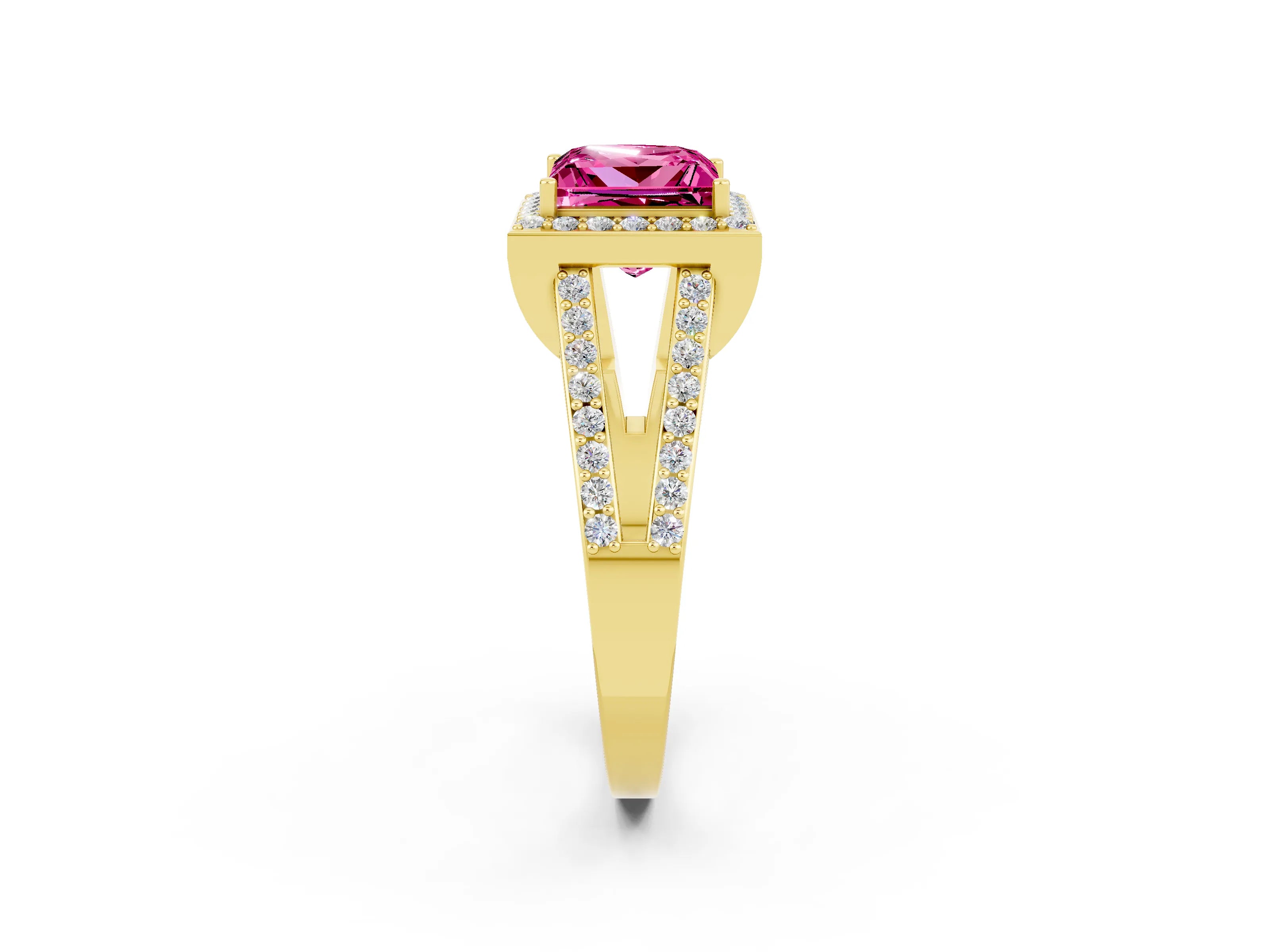 Yellow gold Princess Cut Pink Sapphire Halo Ring with Split Shank U-Prong Band and Four-Prong Setting_2