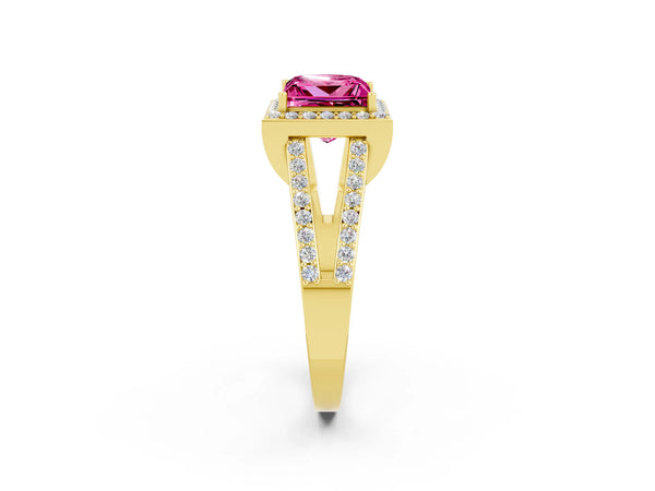 Yellow gold Princess Cut Pink Sapphire Halo Ring with Split Shank U-Prong Band and Four-Prong Setting