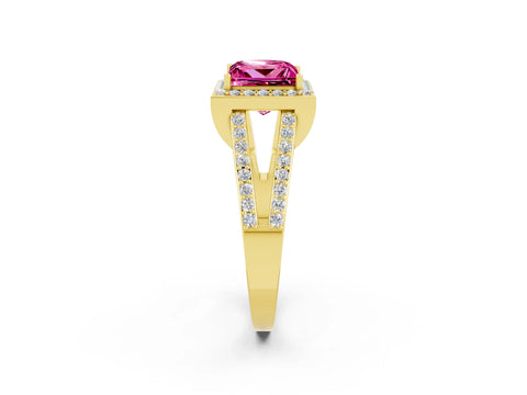 Yellow gold Princess Cut Pink Sapphire Halo Ring with Split Shank U-Prong Band and Four-Prong Setting_2