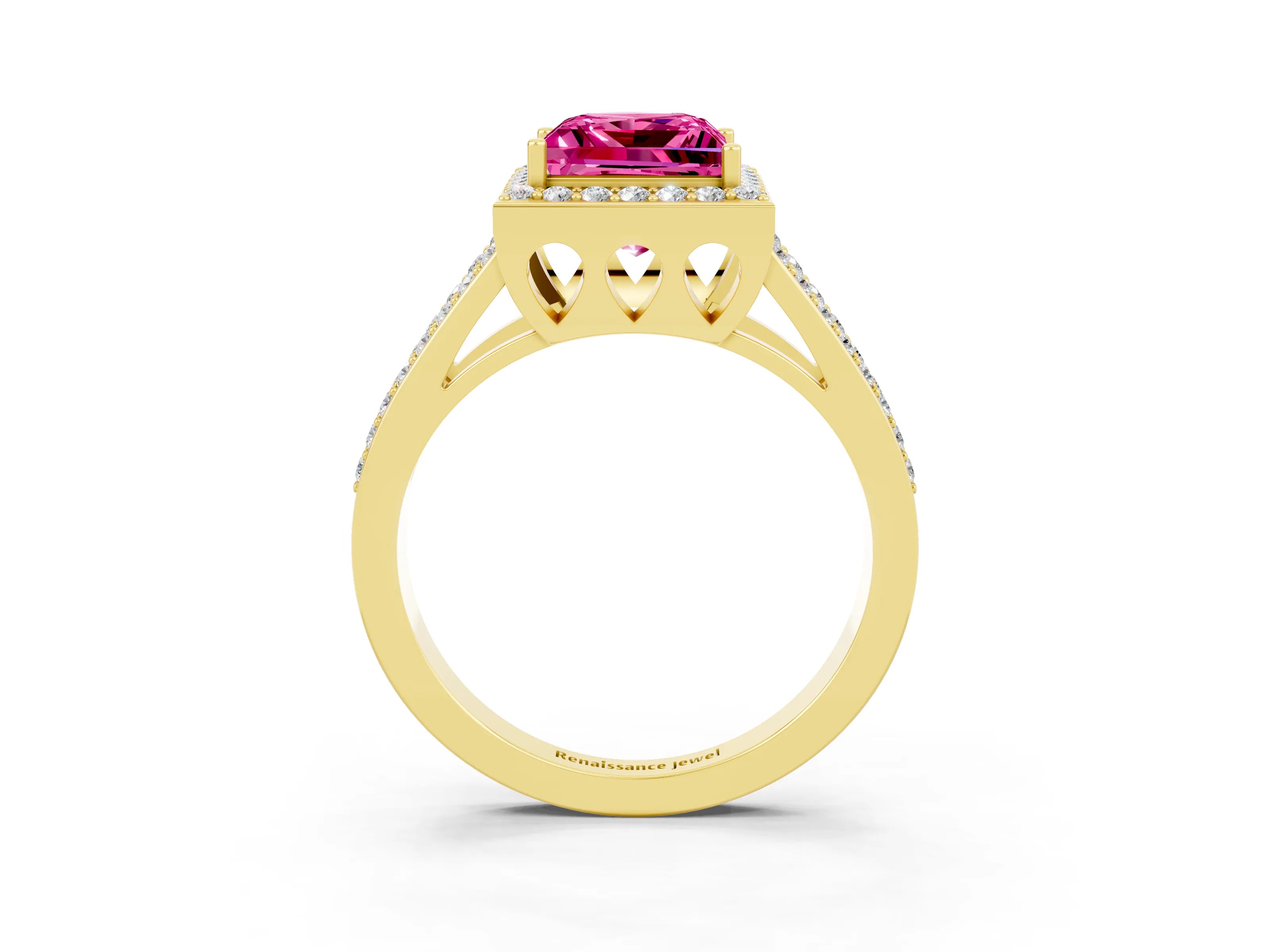 Yellow gold Princess Cut Pink Sapphire Halo Ring with Split Shank U-Prong Band and Four-Prong Setting_3