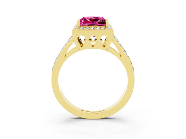 Yellow gold Princess Cut Pink Sapphire Halo Ring with Split Shank U-Prong Band and Four-Prong Setting