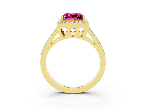 Yellow gold Princess Cut Pink Sapphire Halo Ring with Split Shank U-Prong Band and Four-Prong Setting_3