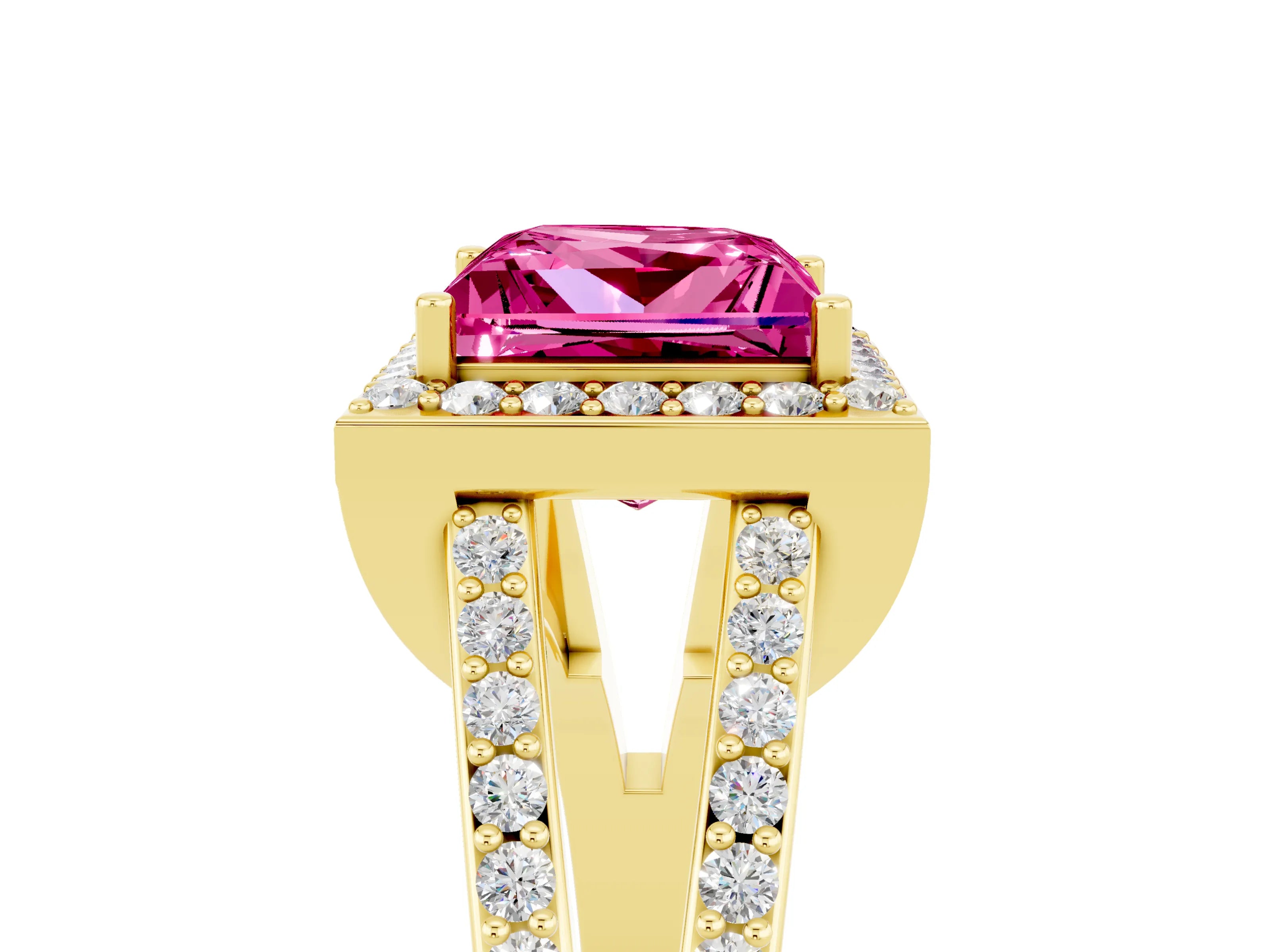 Yellow gold Princess Cut Pink Sapphire Halo Ring with Split Shank U-Prong Band and Four-Prong Setting_5