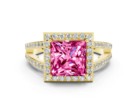 Yellow gold Princess Cut Pink Sapphire Halo Ring with Split Shank U-Prong Band and Four-Prong Setting