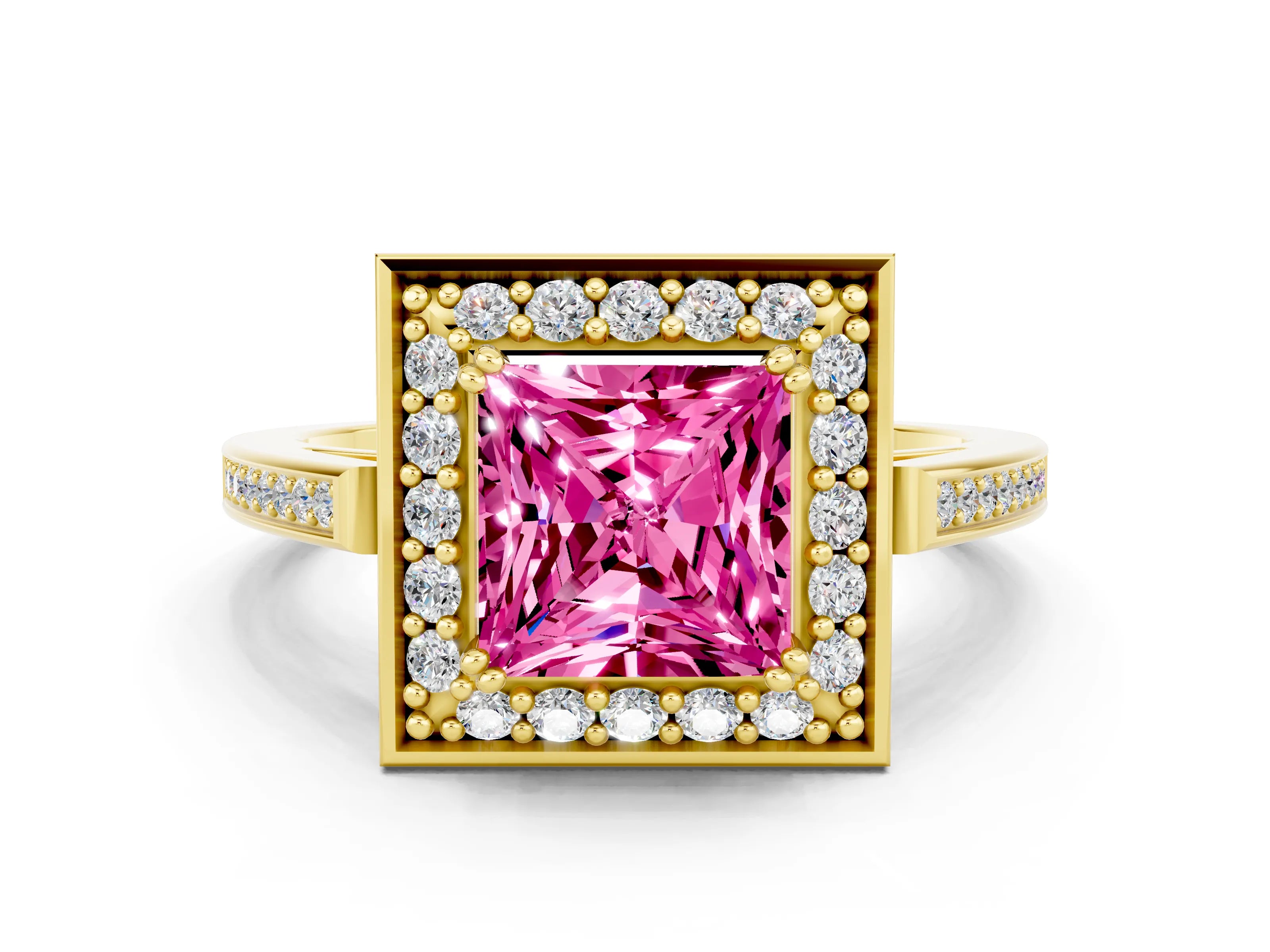 Yellow gold Princess Cut Pink Sapphire Halo Ring with Split Shank and Four-Prong Setting