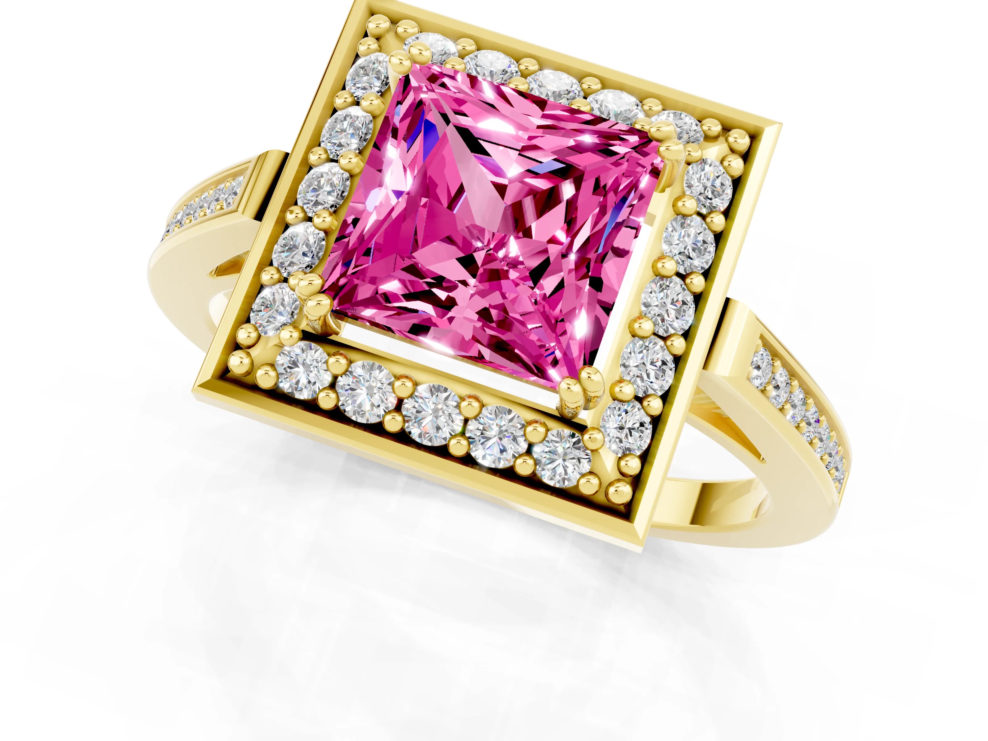 Yellow gold Princess Cut Pink Sapphire Halo Ring with Split Shank and Four-Prong Setting_1