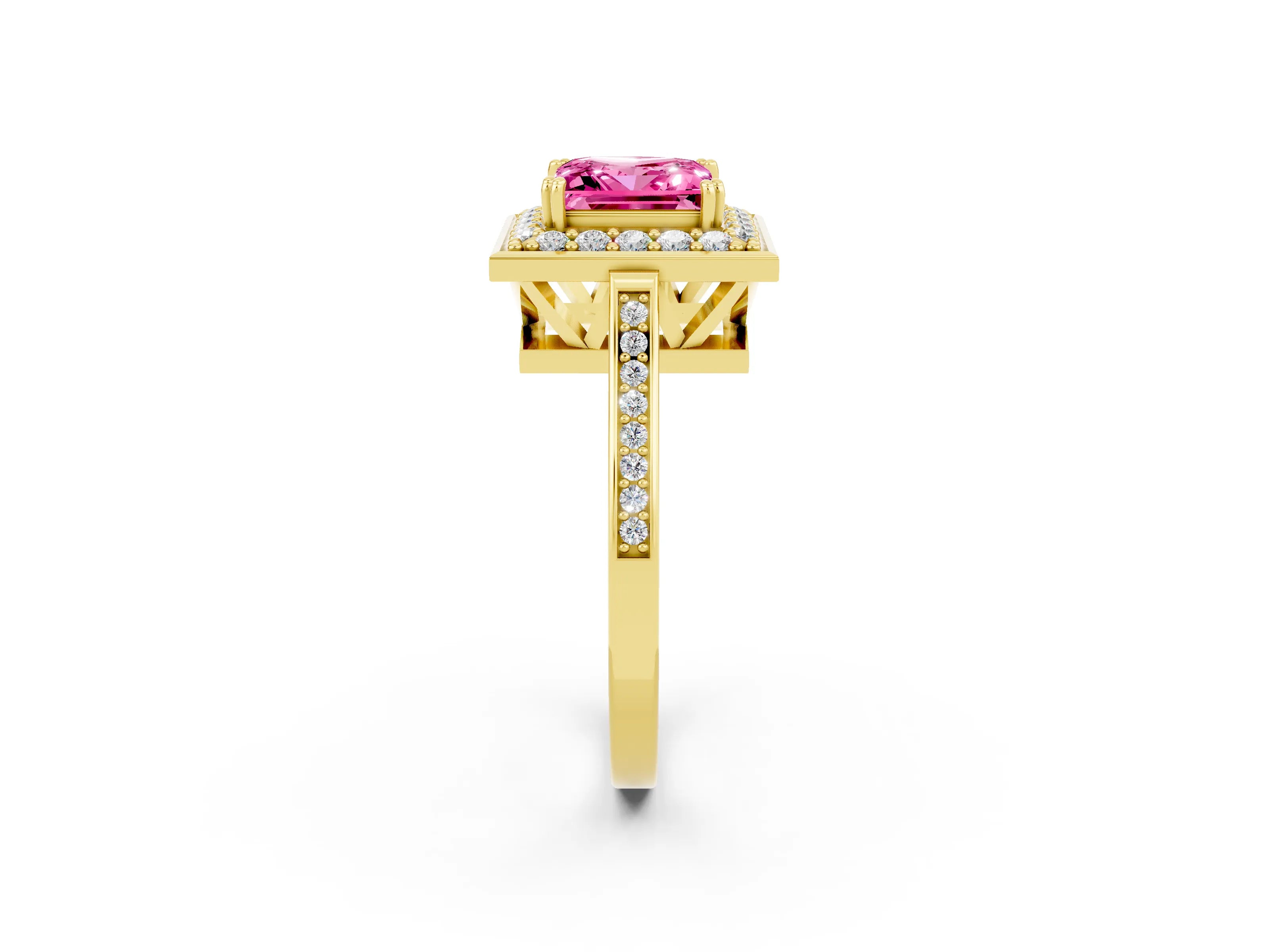 Yellow gold Princess Cut Pink Sapphire Halo Ring with Split Shank and Four-Prong Setting_2