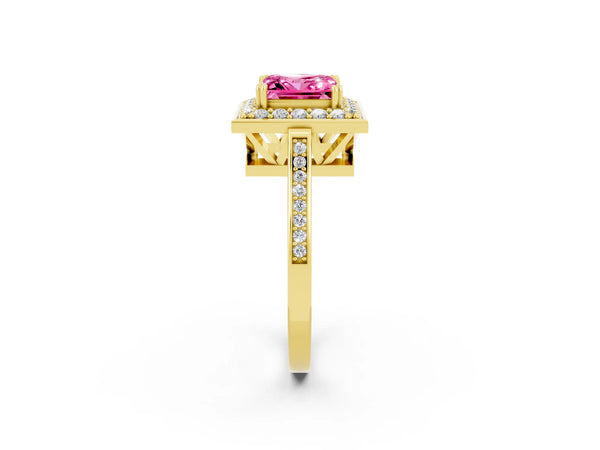 Yellow gold Princess Cut Pink Sapphire Halo Ring with Split Shank and Four-Prong Setting