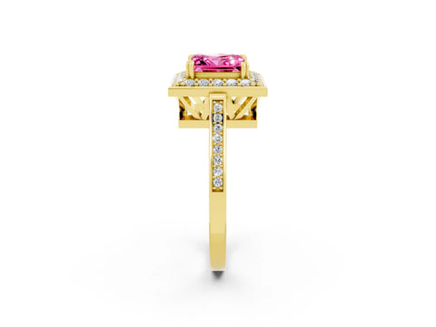 Yellow gold Princess Cut Pink Sapphire Halo Ring with Split Shank and Four-Prong Setting_2