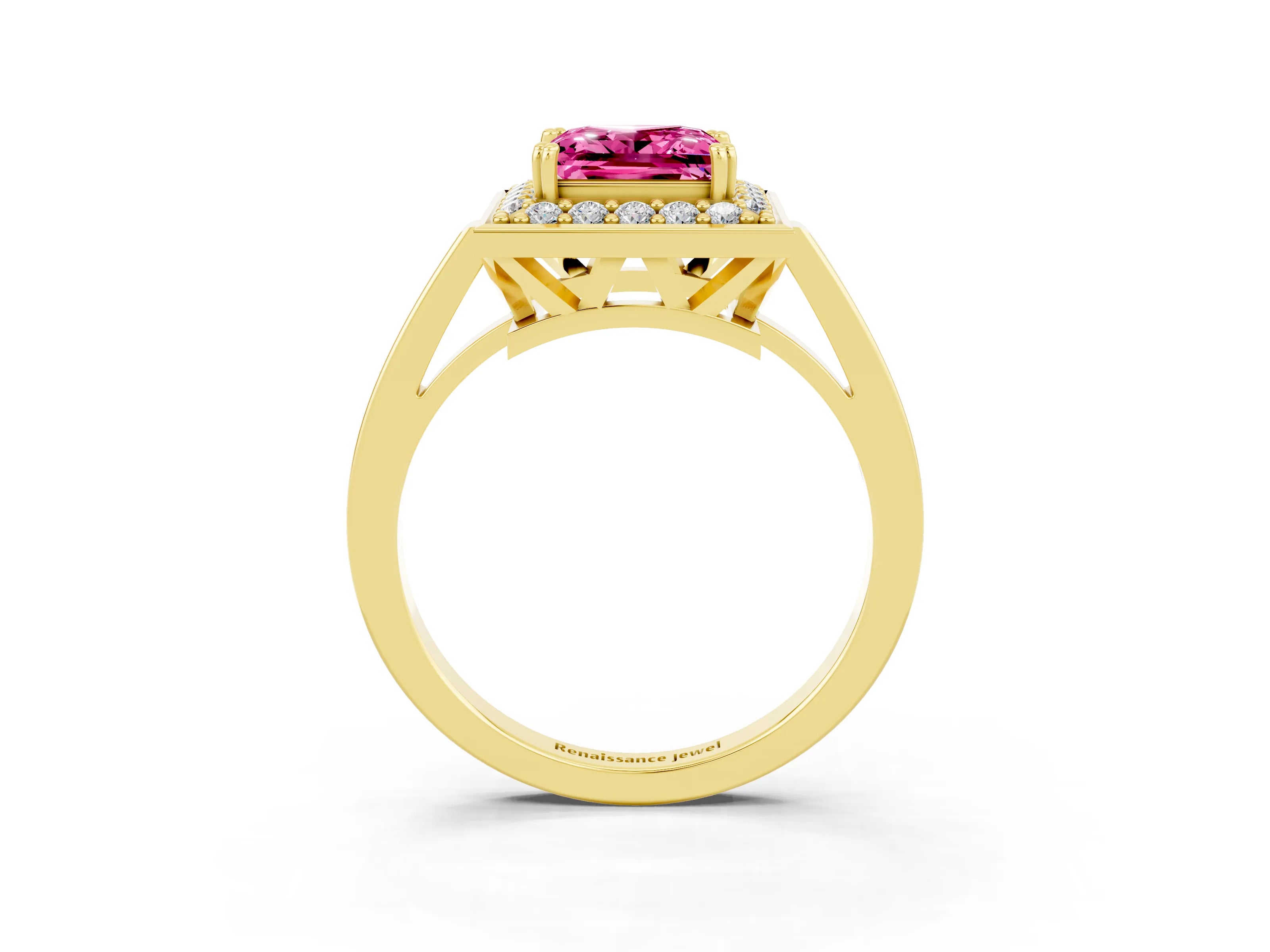 Yellow gold Princess Cut Pink Sapphire Halo Ring with Split Shank and Four-Prong Setting_3