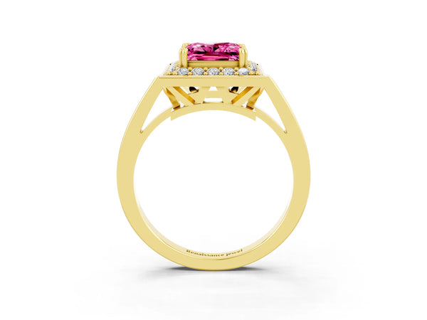 Yellow gold Princess Cut Pink Sapphire Halo Ring with Split Shank and Four-Prong Setting