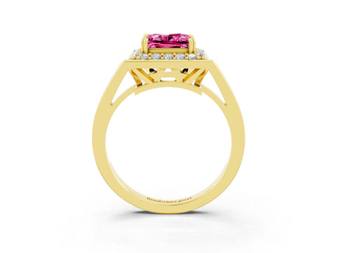 Yellow gold Princess Cut Pink Sapphire Halo Ring with Split Shank and Four-Prong Setting_3