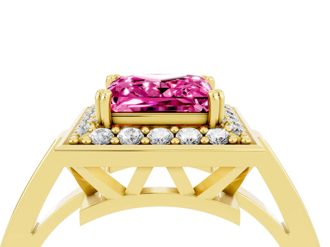 Yellow gold Princess Cut Pink Sapphire Halo Ring with Split Shank and Four-Prong Setting_4