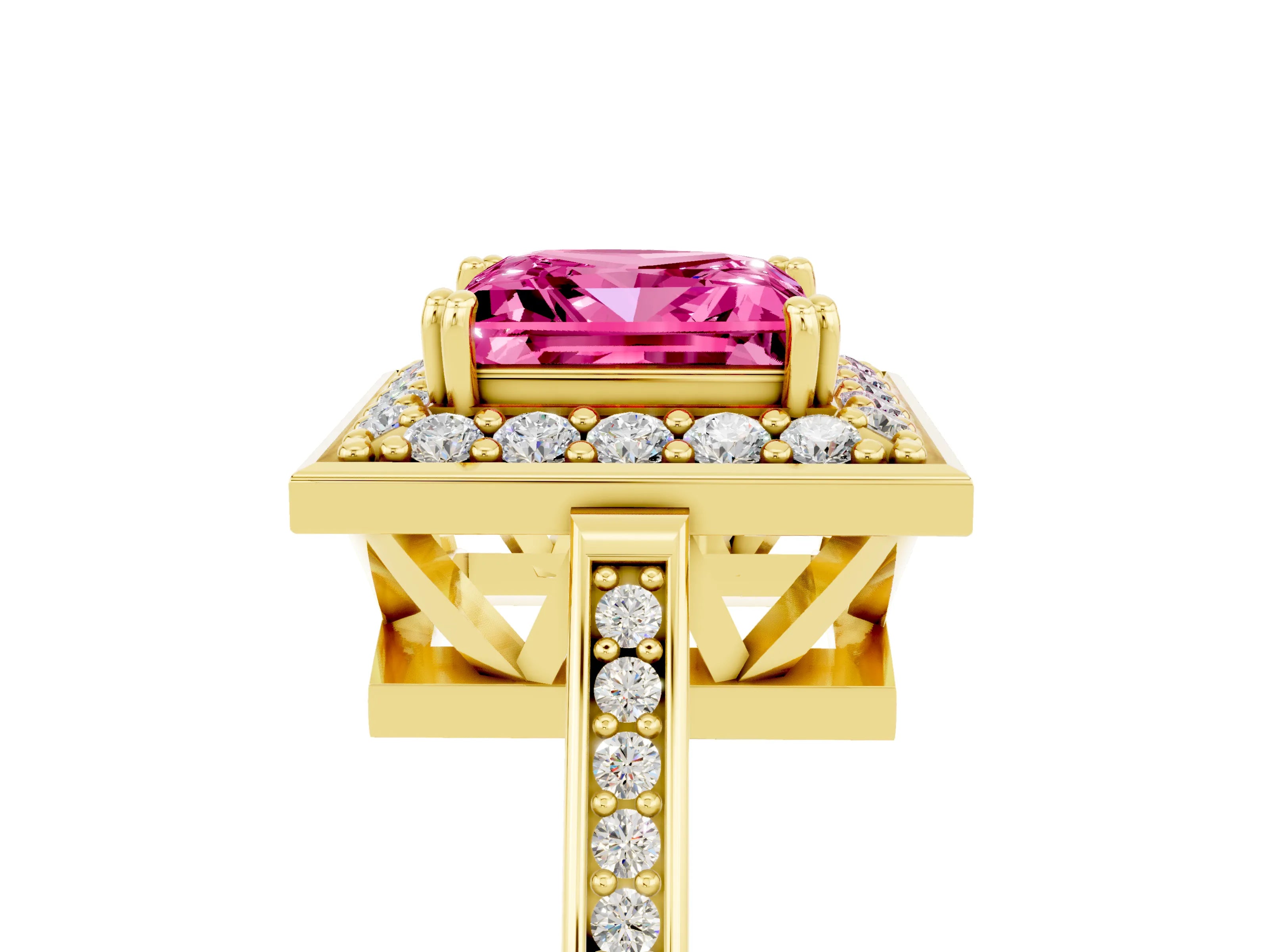 Yellow gold Princess Cut Pink Sapphire Halo Ring with Split Shank and Four-Prong Setting_5
