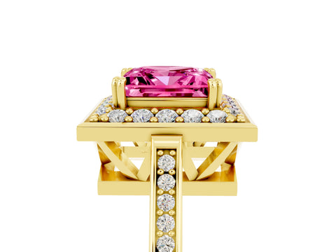 Yellow gold Princess Cut Pink Sapphire Halo Ring with Split Shank and Four-Prong Setting_5