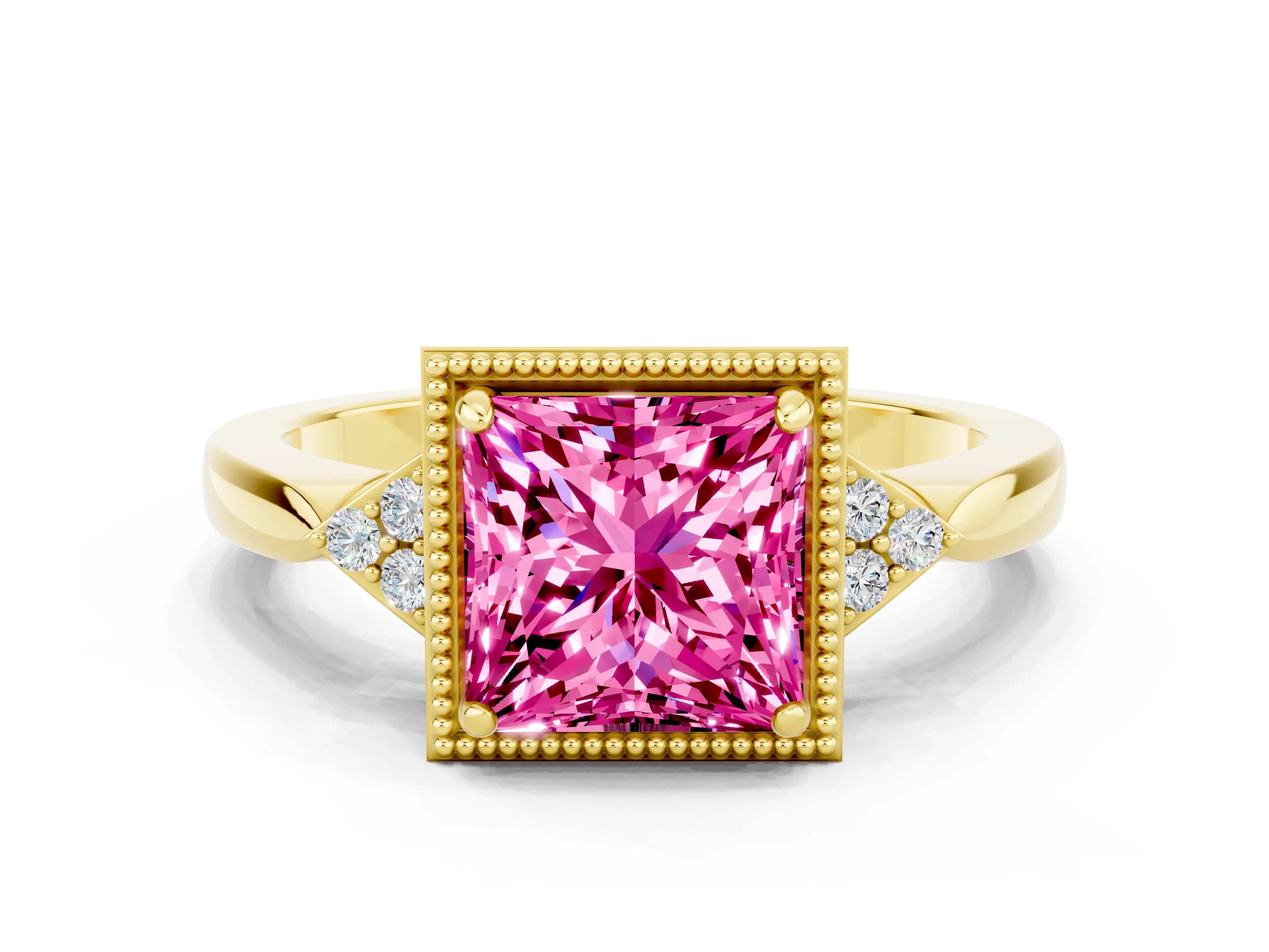 Yellow gold Princess Cut Pink Sapphire Halo Ring with Tapered Band and Four-Prong Setting