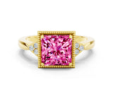 Yellow gold Princess Cut Pink Sapphire Halo Ring with Tapered Band and Four-Prong Setting