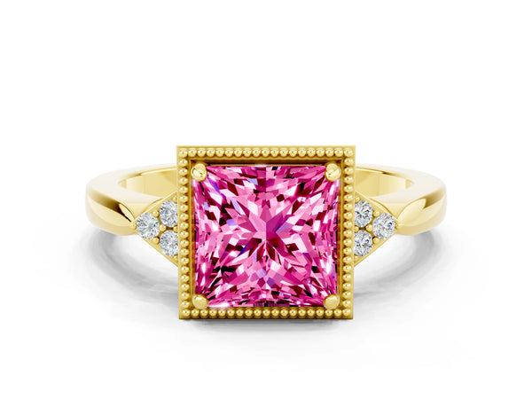 Yellow gold Princess Cut Pink Sapphire Halo Ring with Tapered Band and Four-Prong Setting