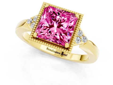 Yellow gold Princess Cut Pink Sapphire Halo Ring with Tapered Band and Four-Prong Setting_1