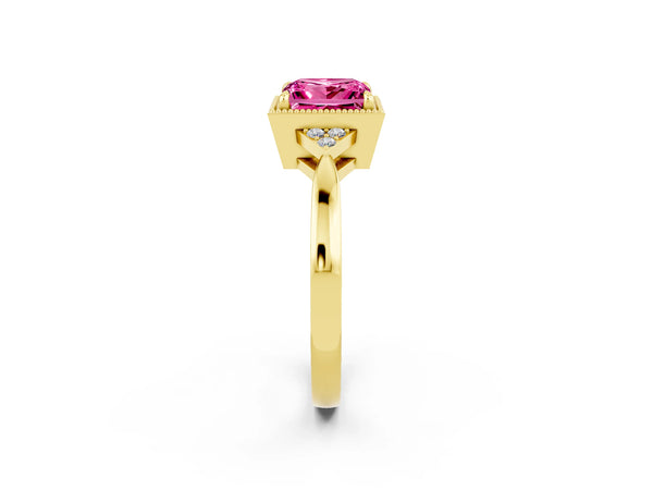 Yellow gold Princess Cut Pink Sapphire Halo Ring with Tapered Band and Four-Prong Setting