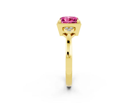 Yellow gold Princess Cut Pink Sapphire Halo Ring with Tapered Band and Four-Prong Setting_2
