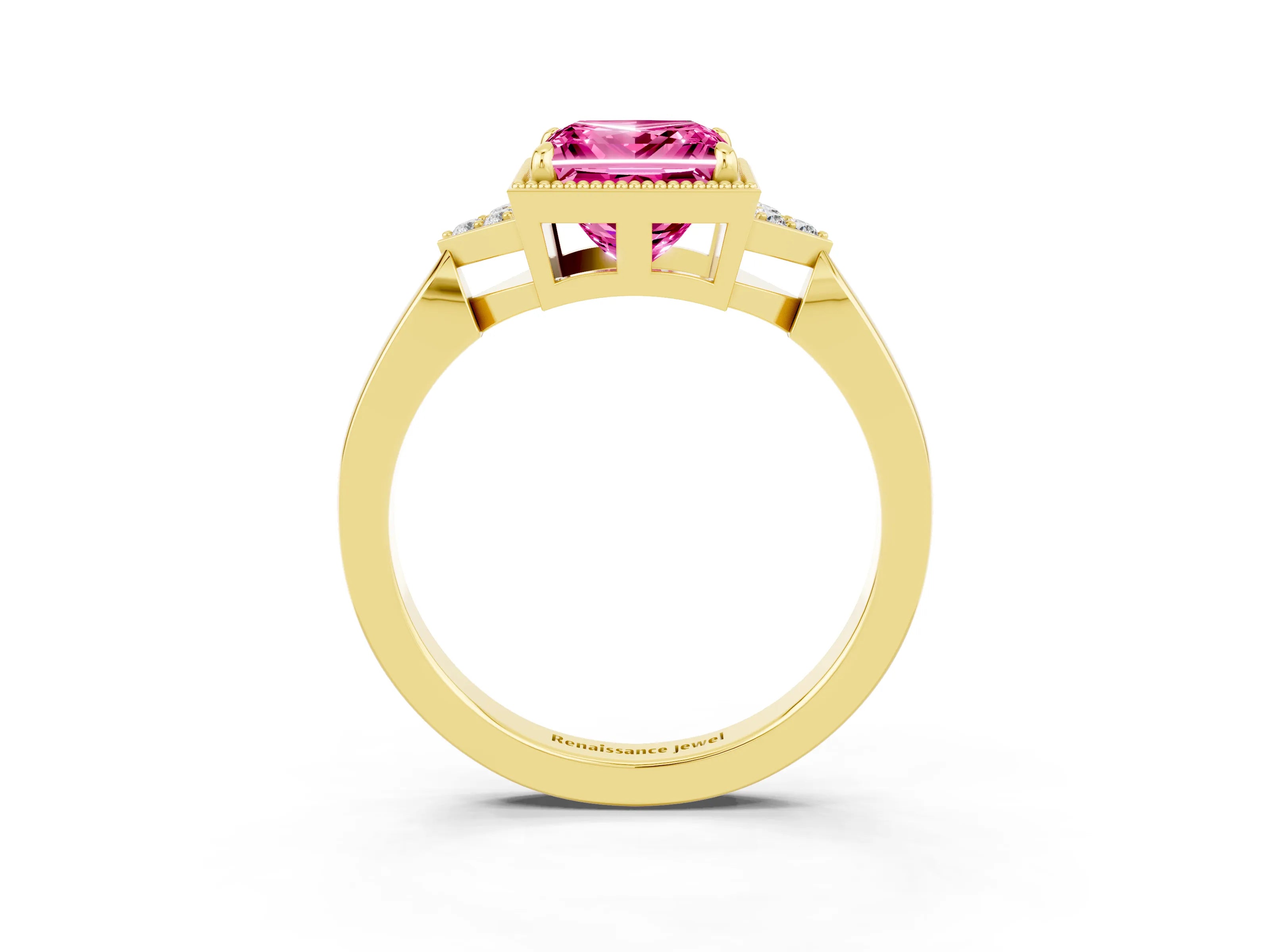 Yellow gold Princess Cut Pink Sapphire Halo Ring with Tapered Band and Four-Prong Setting_3