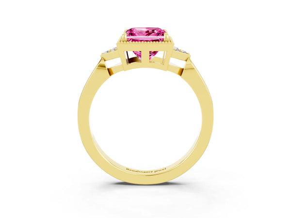 Yellow gold Princess Cut Pink Sapphire Halo Ring with Tapered Band and Four-Prong Setting