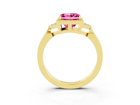 Yellow gold Princess Cut Pink Sapphire Halo Ring with Tapered Band and Four-Prong Setting_3