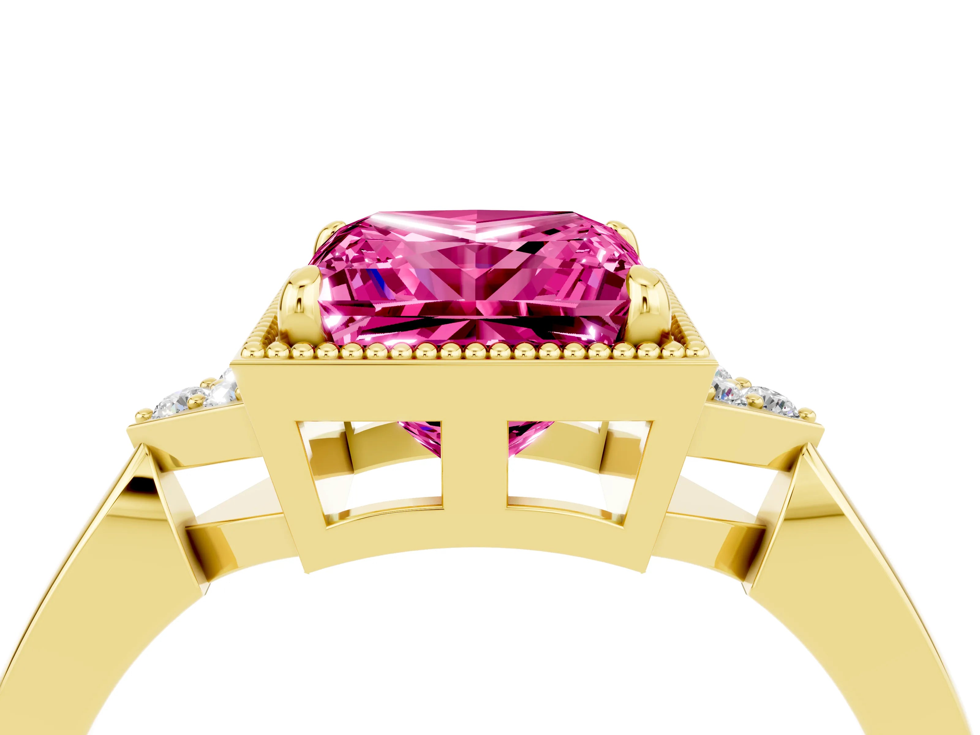 Yellow gold Princess Cut Pink Sapphire Halo Ring with Tapered Band and Four-Prong Setting_4