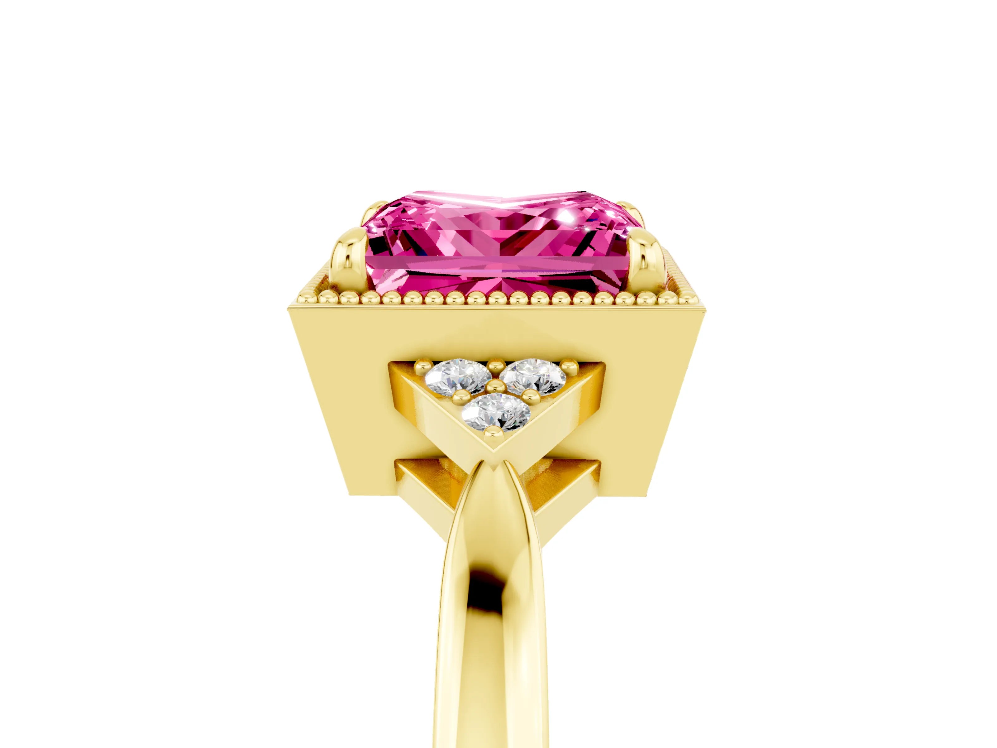Yellow gold Princess Cut Pink Sapphire Halo Ring with Tapered Band and Four-Prong Setting_5
