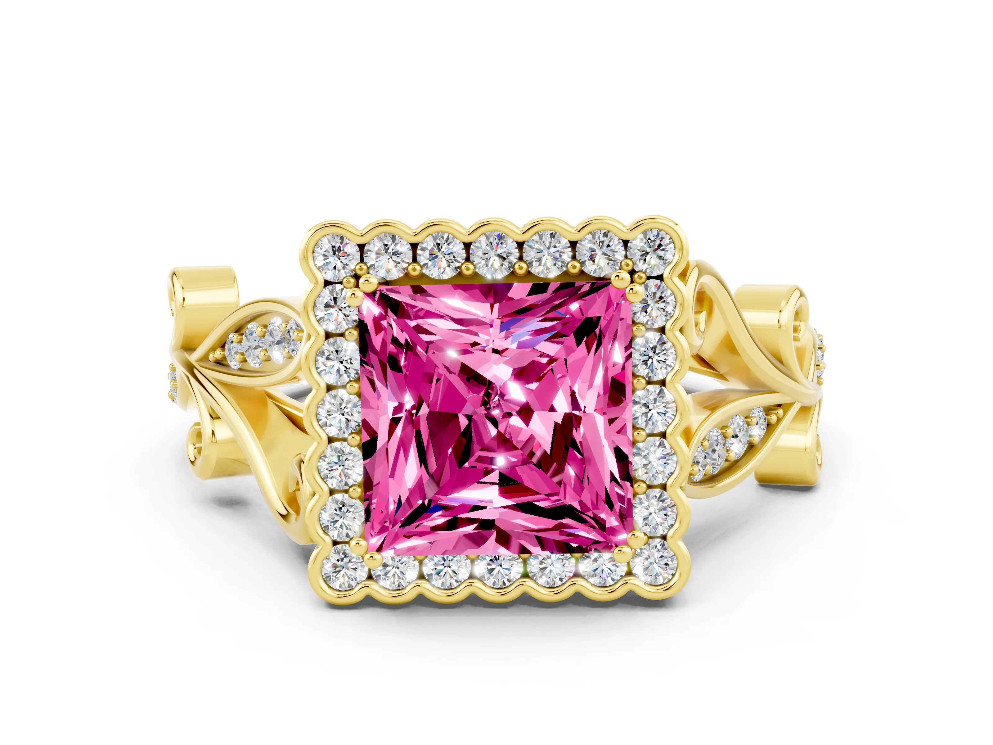 Yellow gold Princess Cut Pink Sapphire Halo Ring with Vintage Split Shank and Four-Prong Setting