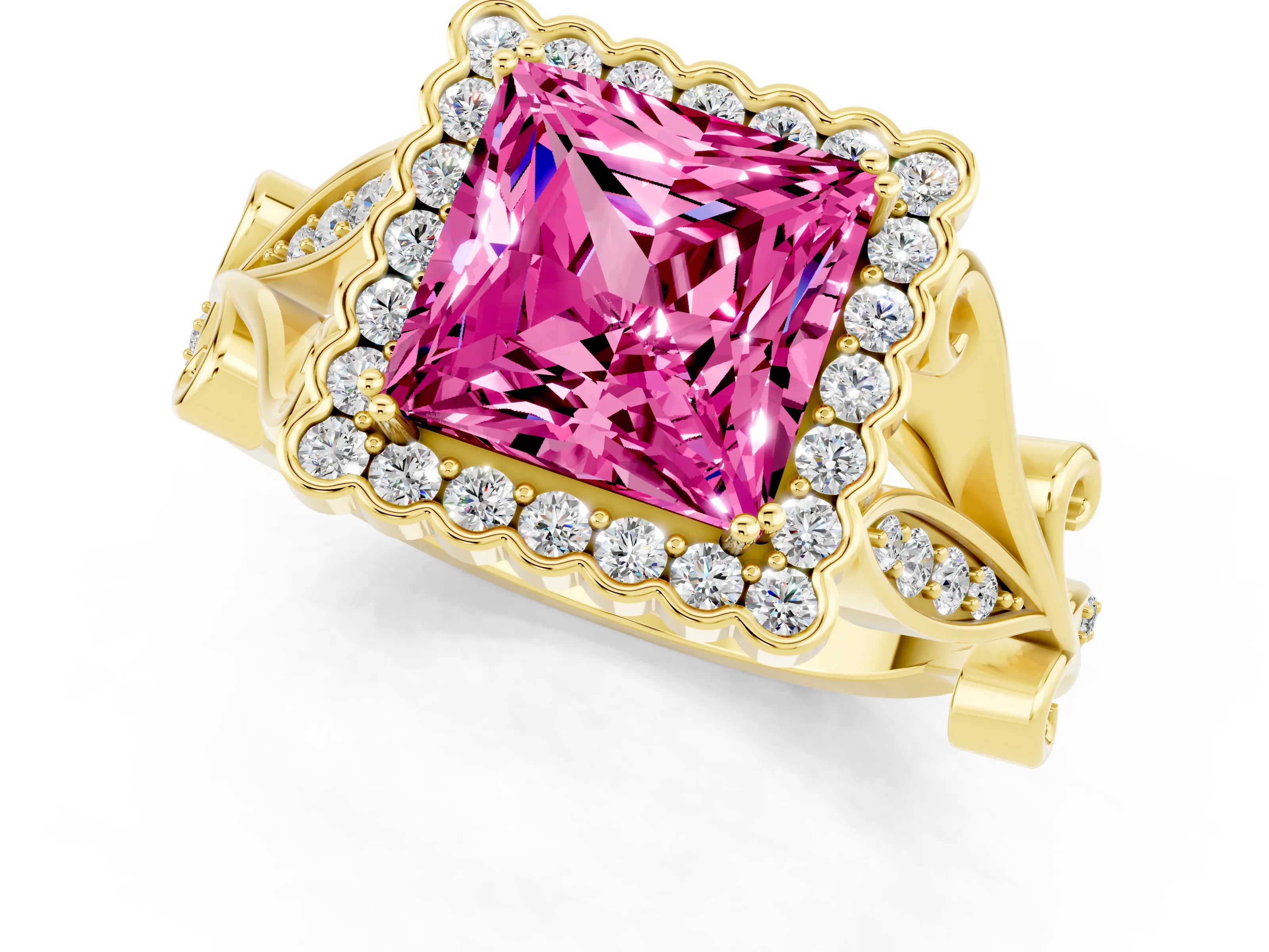 Yellow gold Princess Cut Pink Sapphire Halo Ring with Vintage Split Shank and Four-Prong Setting_1