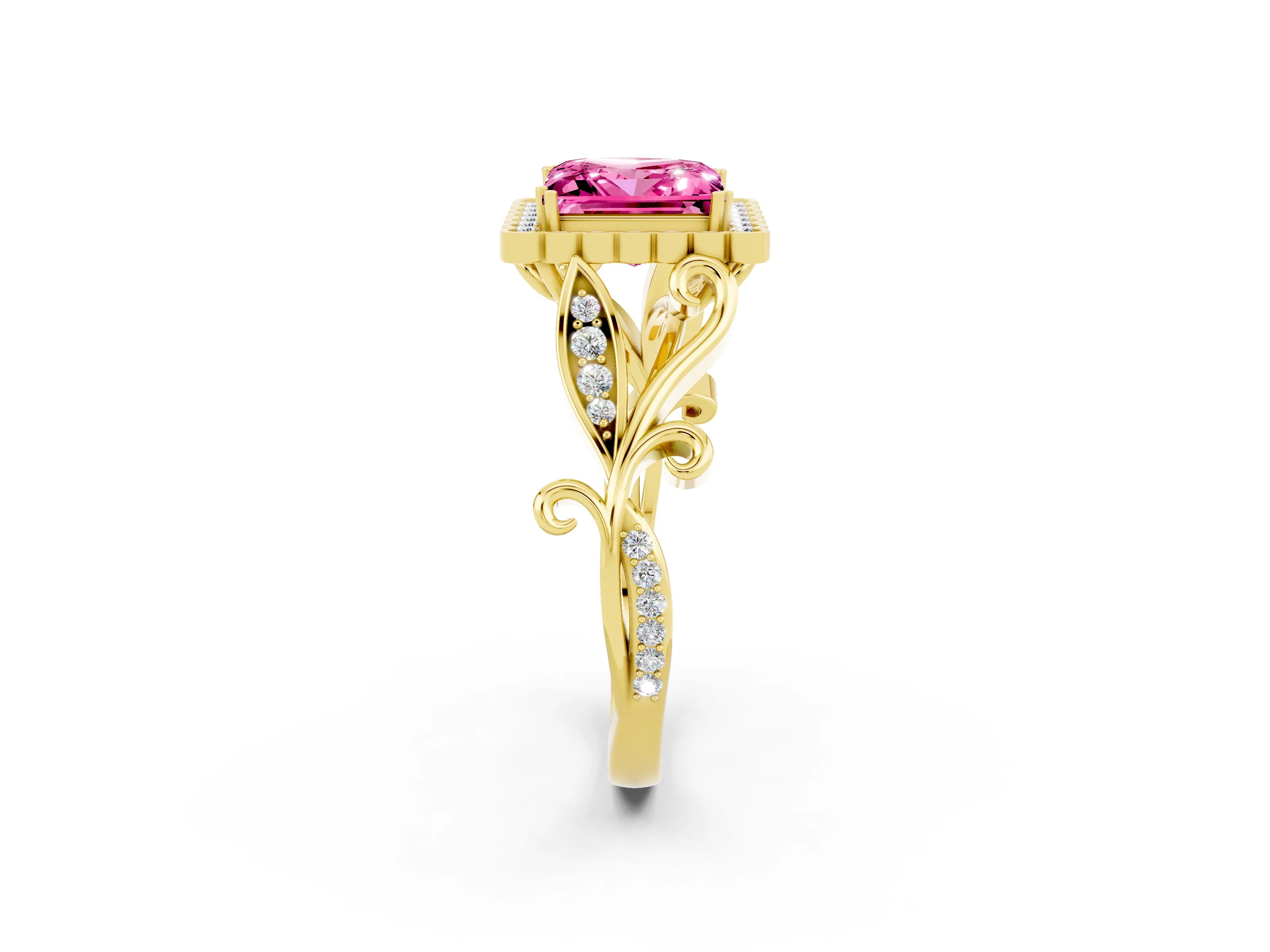 Yellow gold Princess Cut Pink Sapphire Halo Ring with Vintage Split Shank and Four-Prong Setting_2