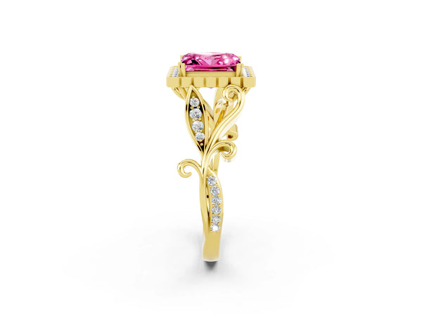 Yellow gold Princess Cut Pink Sapphire Halo Ring with Vintage Split Shank and Four-Prong Setting