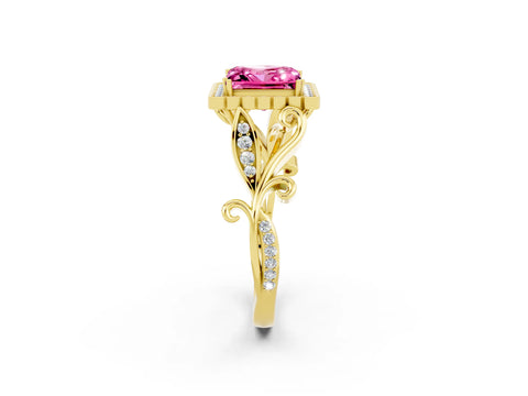 Yellow gold Princess Cut Pink Sapphire Halo Ring with Vintage Split Shank and Four-Prong Setting_2