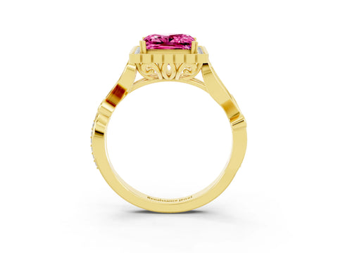 Yellow gold Princess Cut Pink Sapphire Halo Ring with Vintage Split Shank and Four-Prong Setting_3