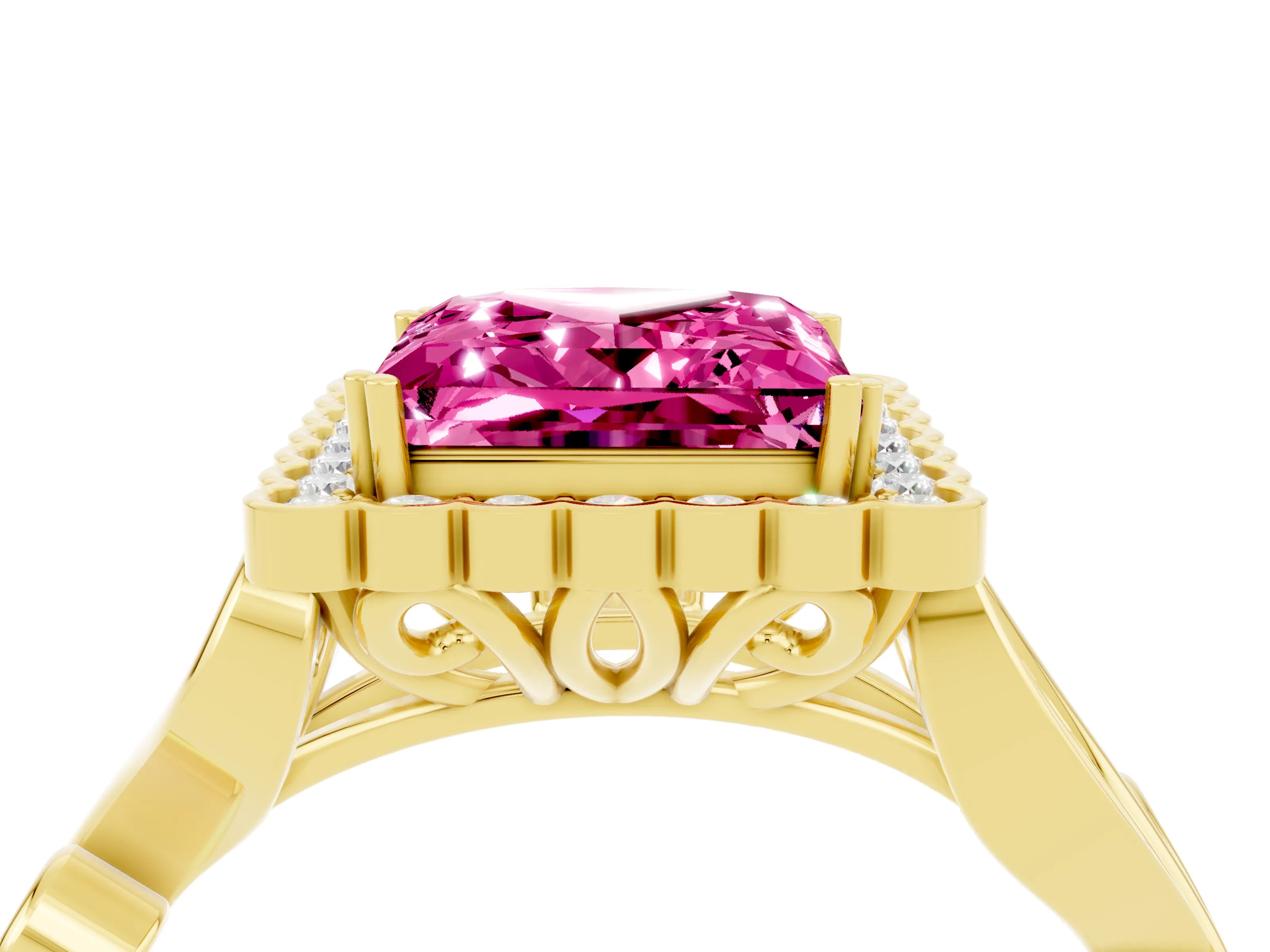 Yellow gold Princess Cut Pink Sapphire Halo Ring with Vintage Split Shank and Four-Prong Setting_4