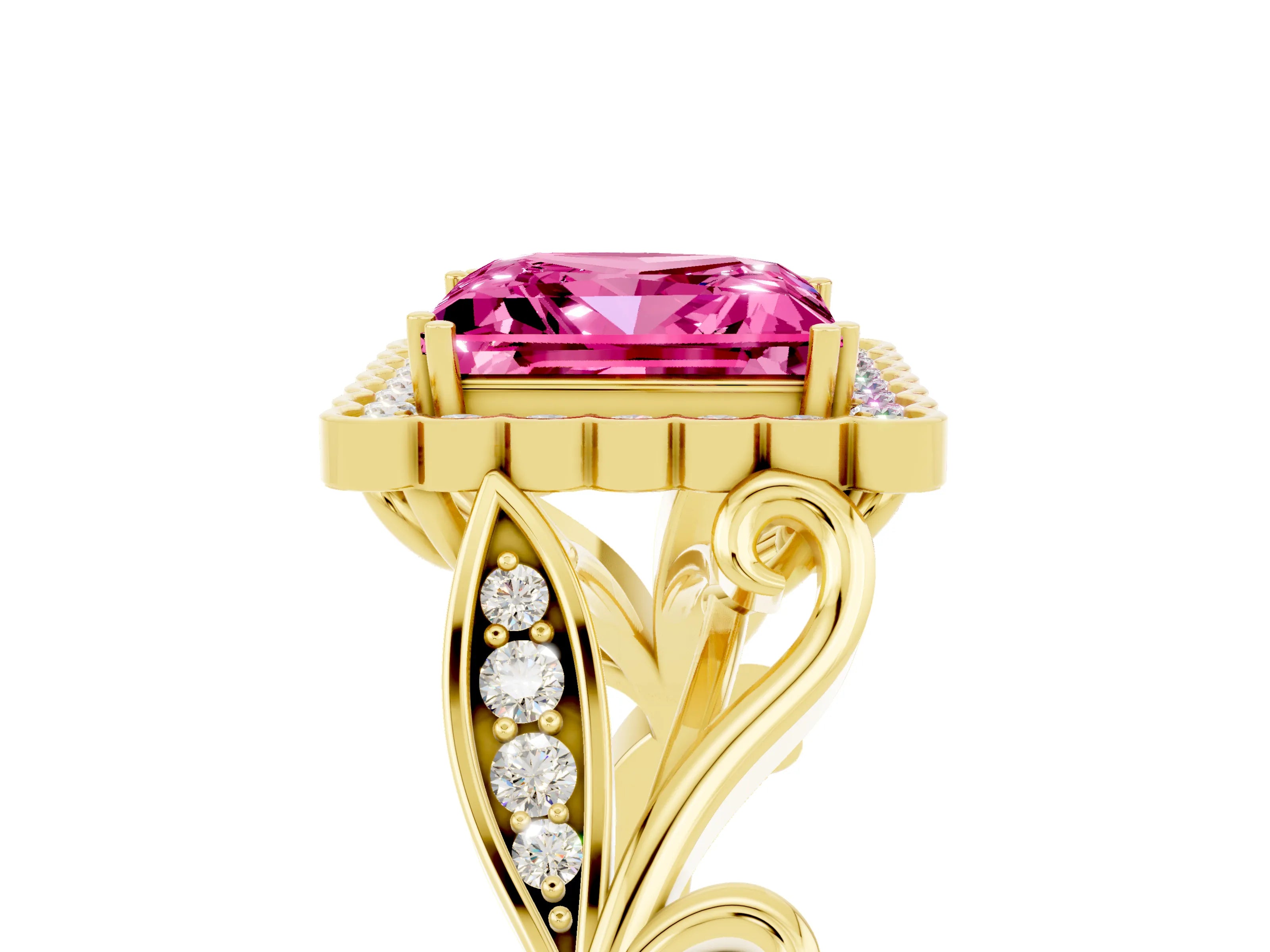 Yellow gold Princess Cut Pink Sapphire Halo Ring with Vintage Split Shank and Four-Prong Setting_5