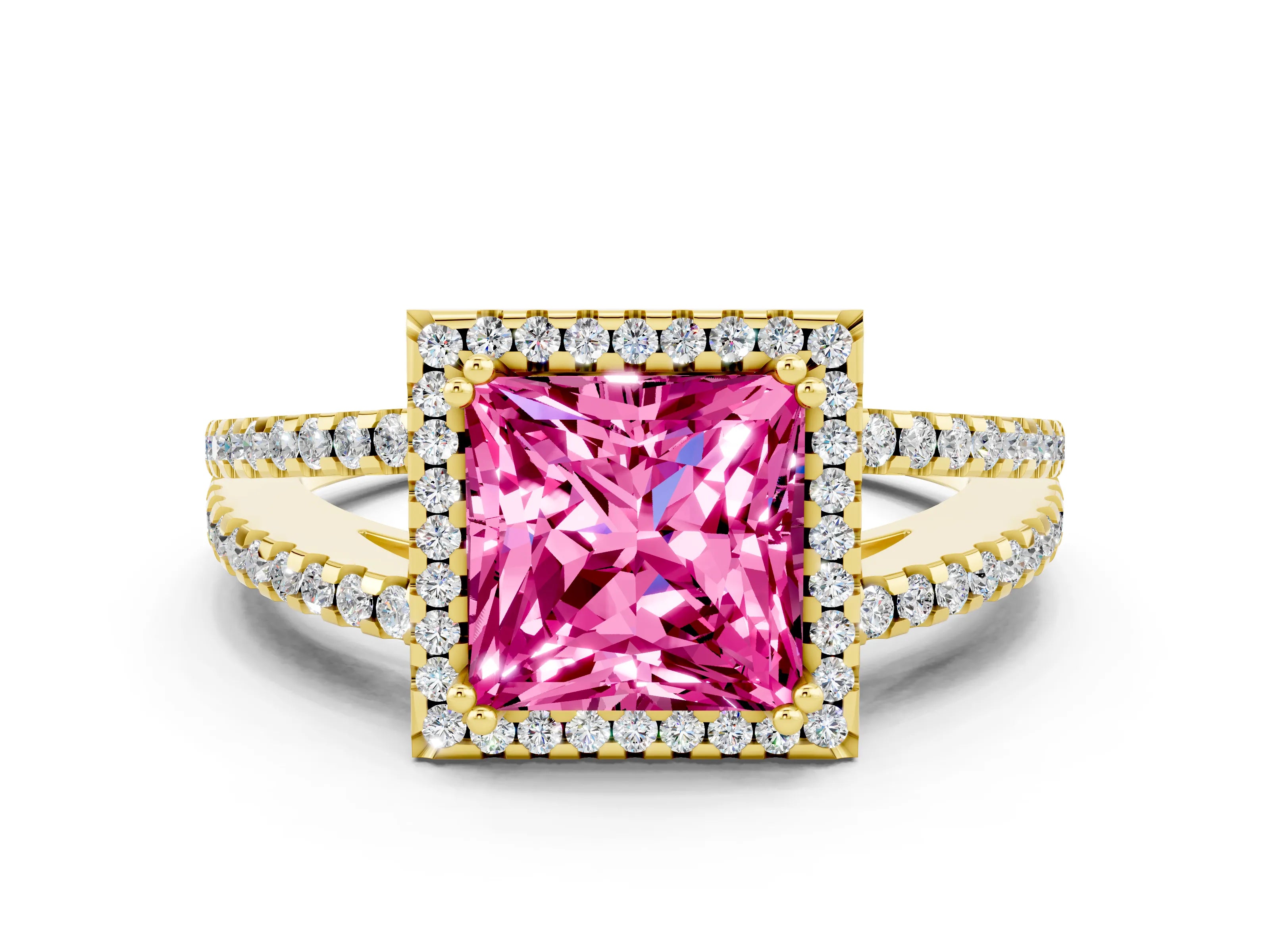 Yellow gold Princess Cut Pink Sapphire Halo Split Shank Engagement Ring_12