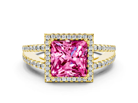 Yellow gold Princess Cut Pink Sapphire Halo Split Shank Engagement Ring_12