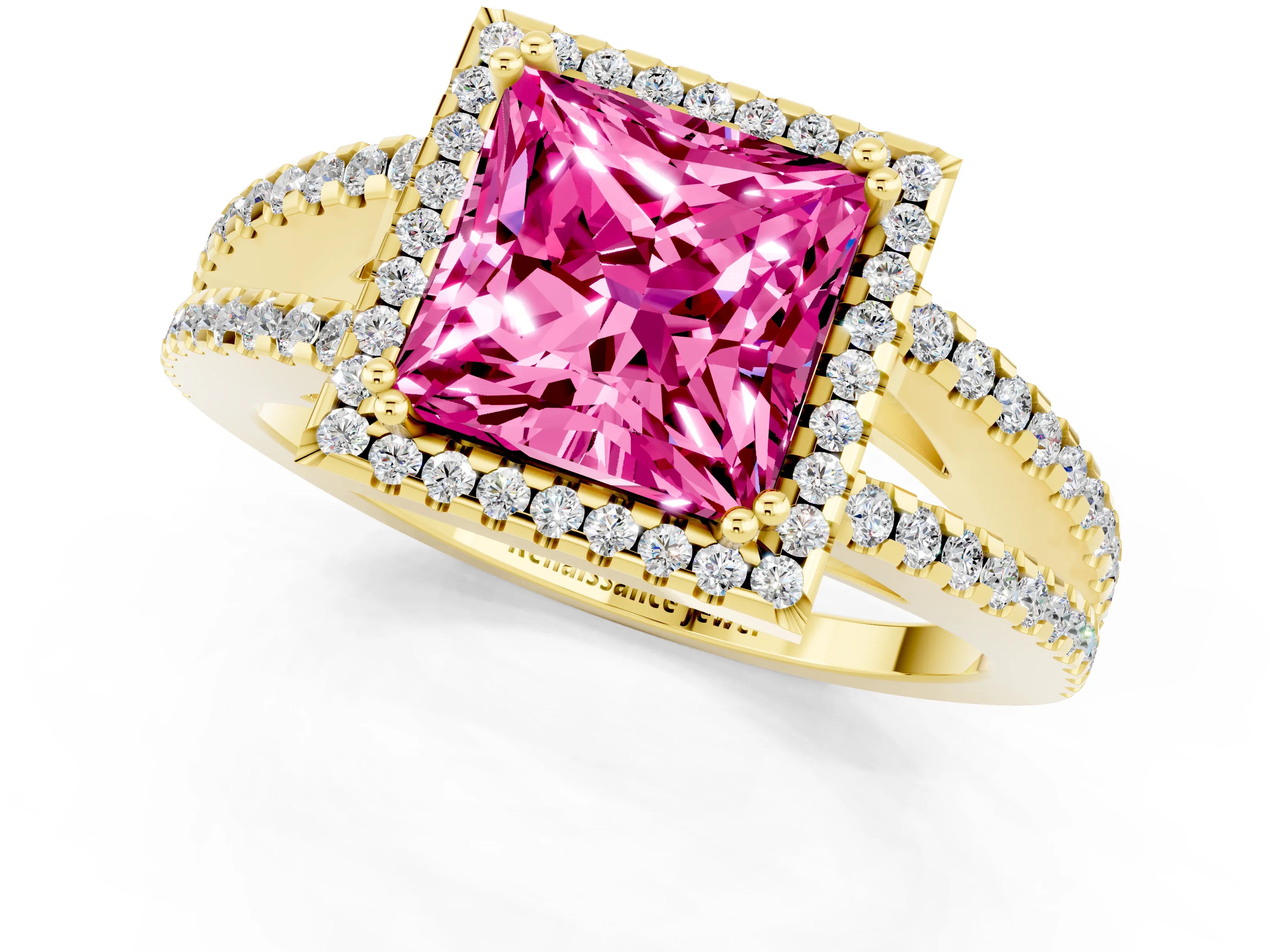 Yellow gold Princess Cut Pink Sapphire Halo Split Shank Engagement Ring_13
