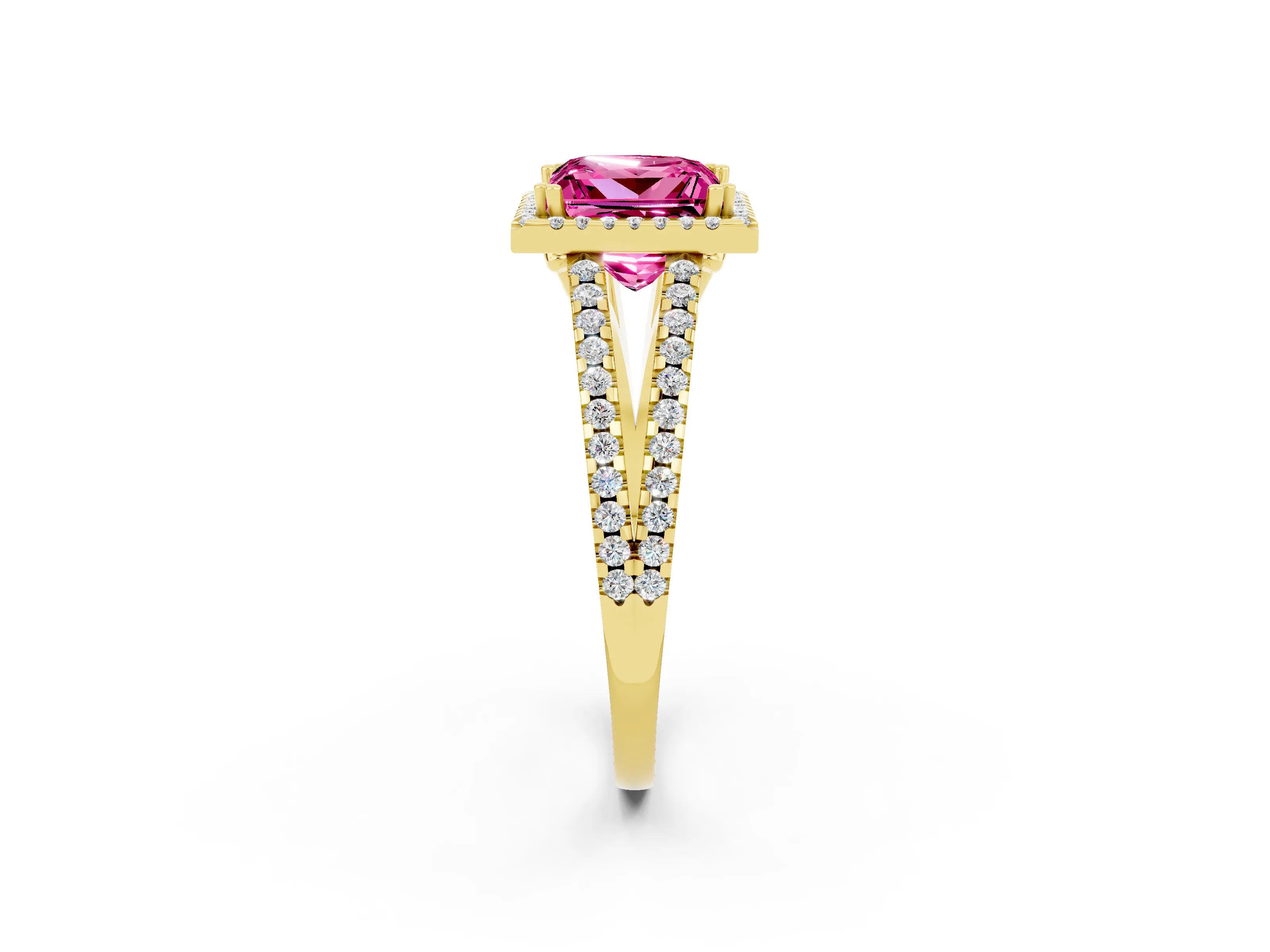 Yellow gold Princess Cut Pink Sapphire Halo Split Shank Engagement Ring_14