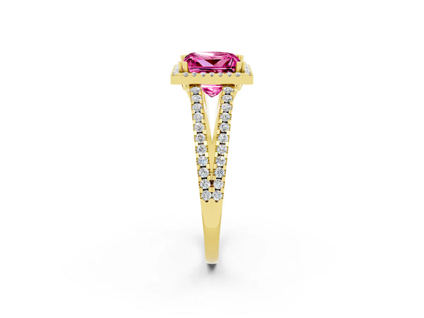 Yellow gold Princess Cut Pink Sapphire Halo Split Shank Engagement Ring