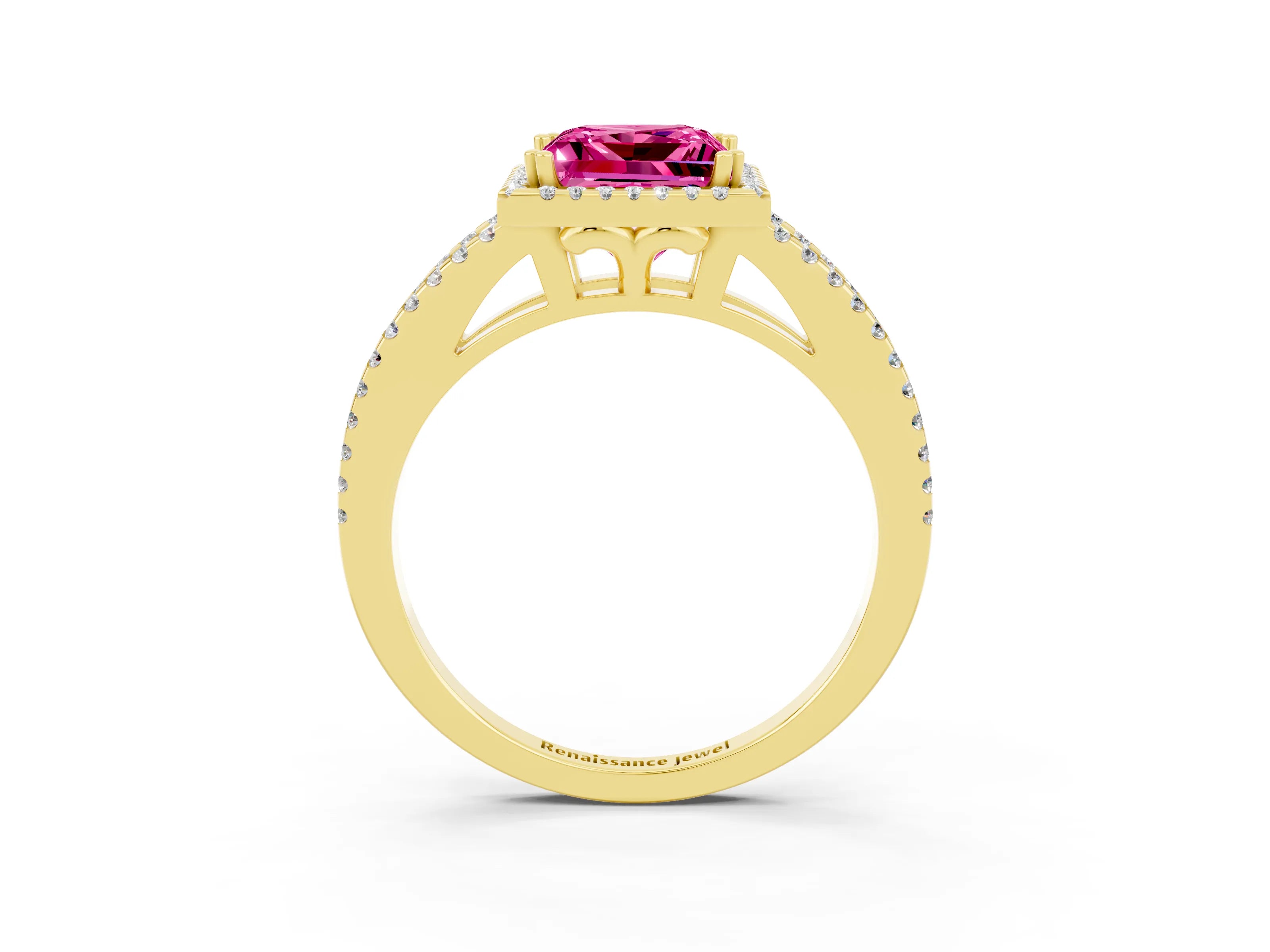 Yellow gold Princess Cut Pink Sapphire Halo Split Shank Engagement Ring_15