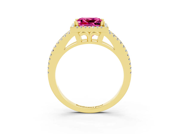 Yellow gold Princess Cut Pink Sapphire Halo Split Shank Engagement Ring