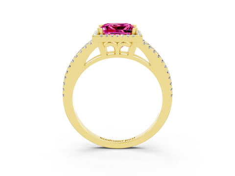 Yellow gold Princess Cut Pink Sapphire Halo Split Shank Engagement Ring_15