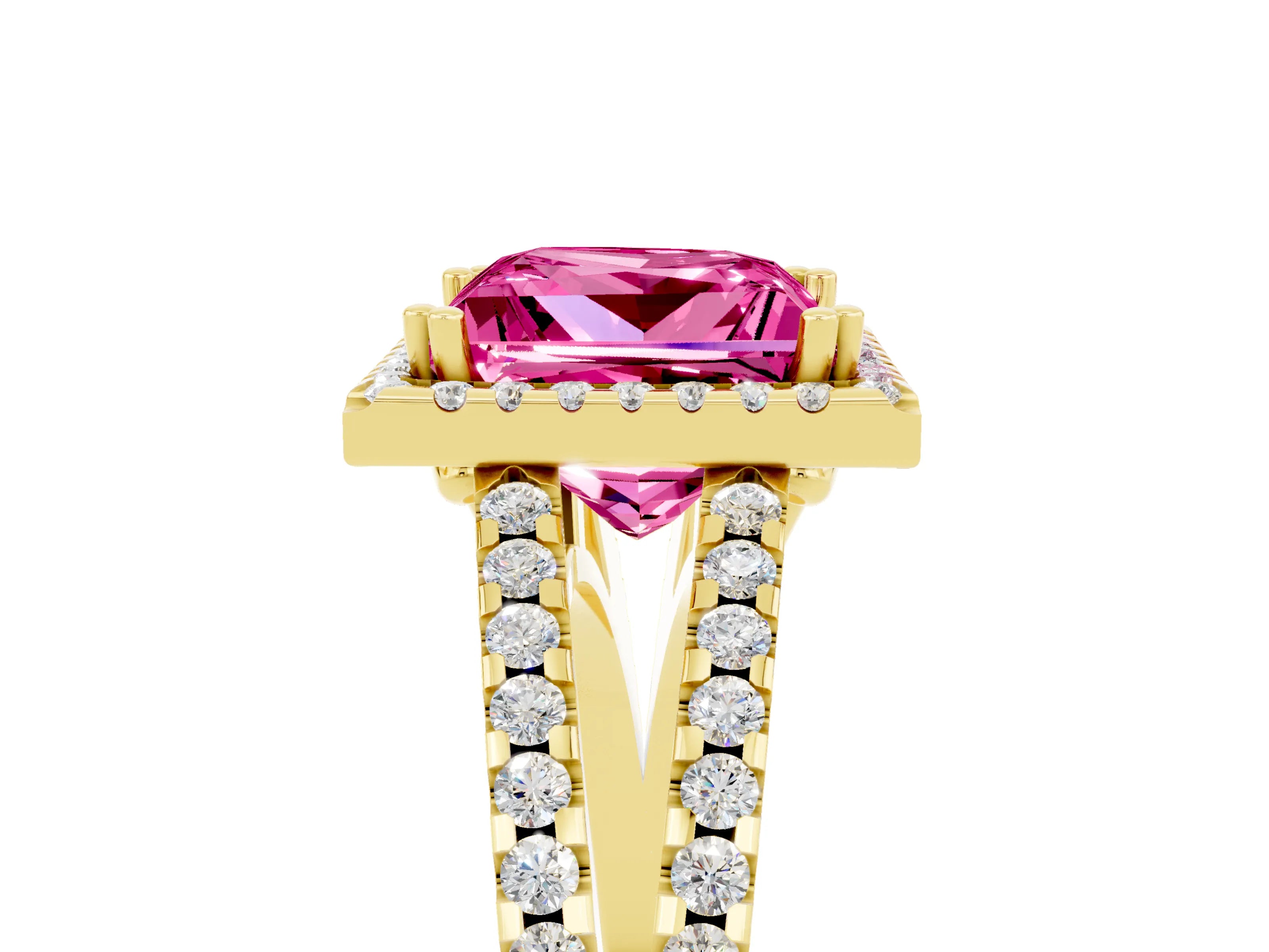 Yellow gold Princess Cut Pink Sapphire Halo Split Shank Engagement Ring_17