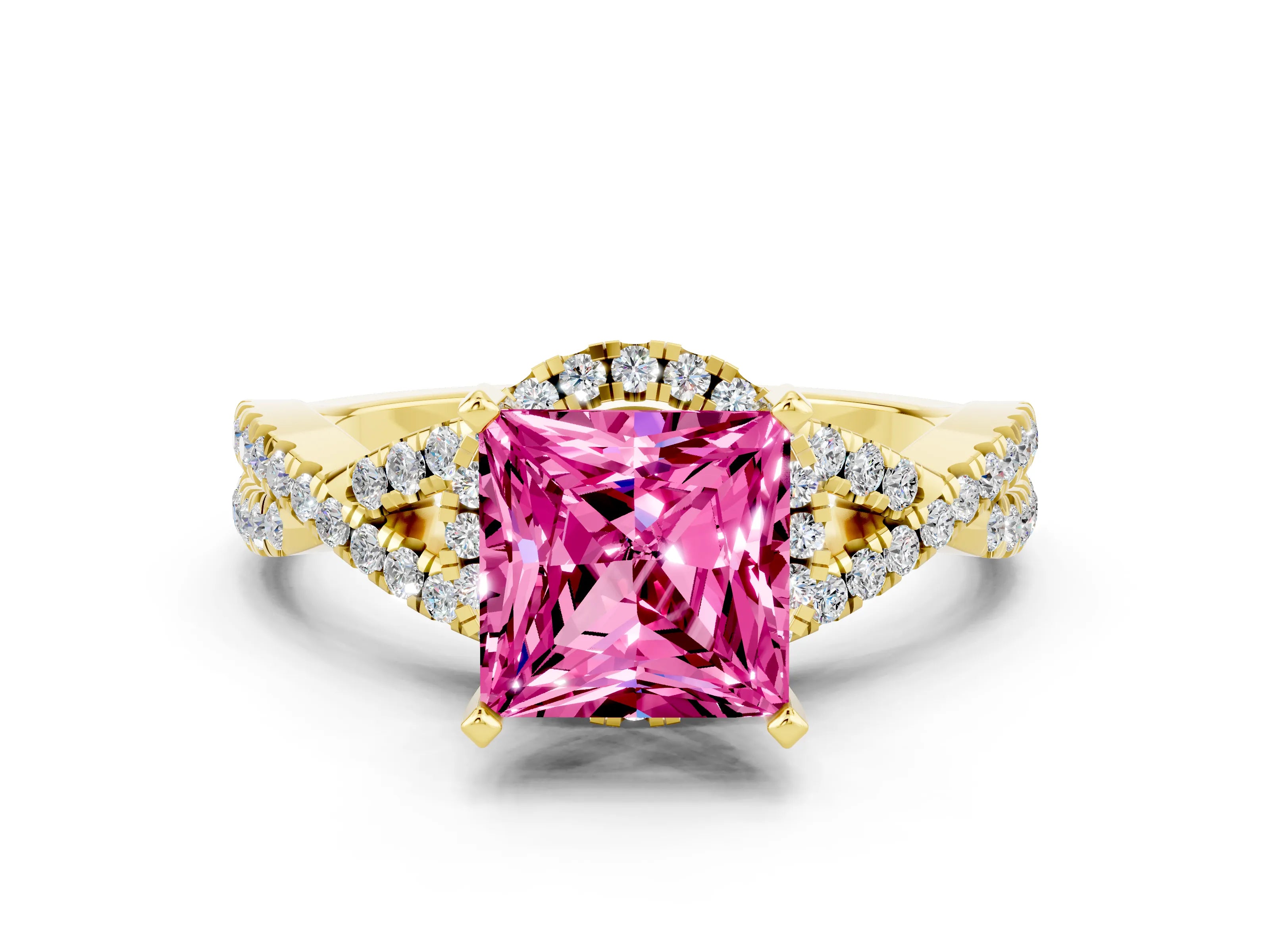 Yellow gold Princess Cut Pink Sapphire Halo Twist Band Solitaire Prong Setting Ring_24