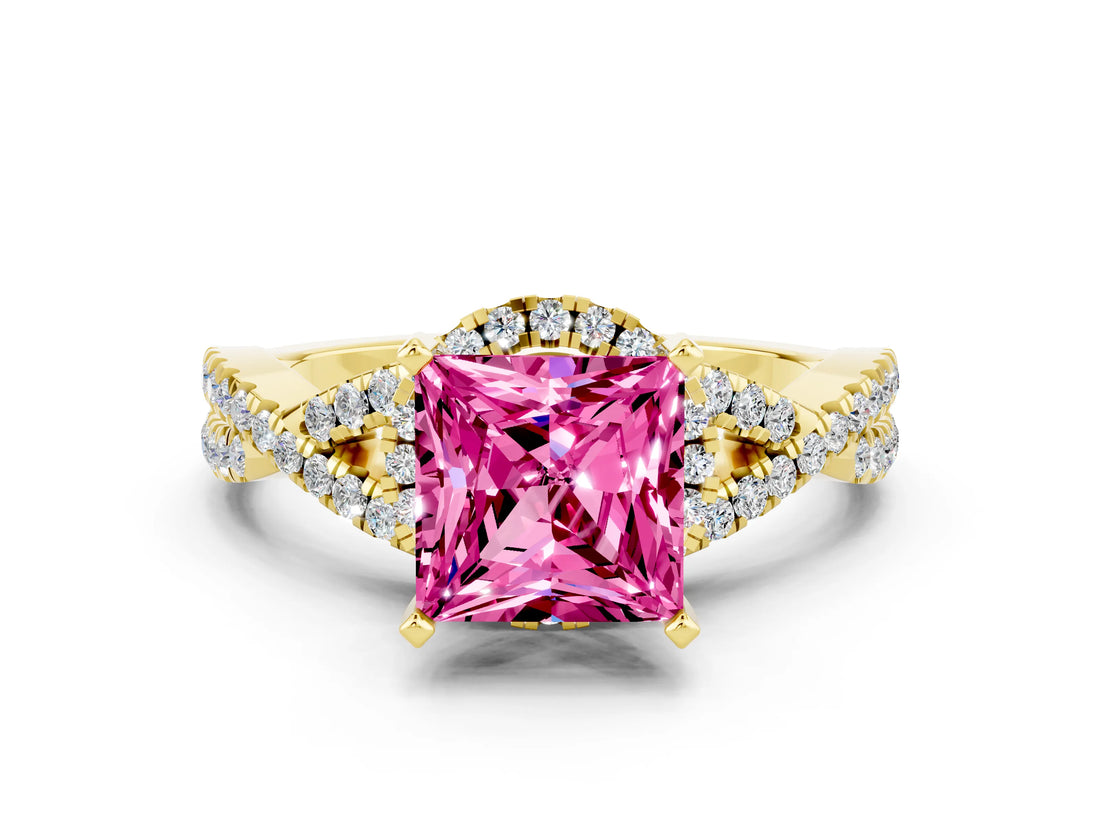 Yellow gold Princess Cut Pink Sapphire Halo Twist Band Solitaire Prong Setting Ring_24
